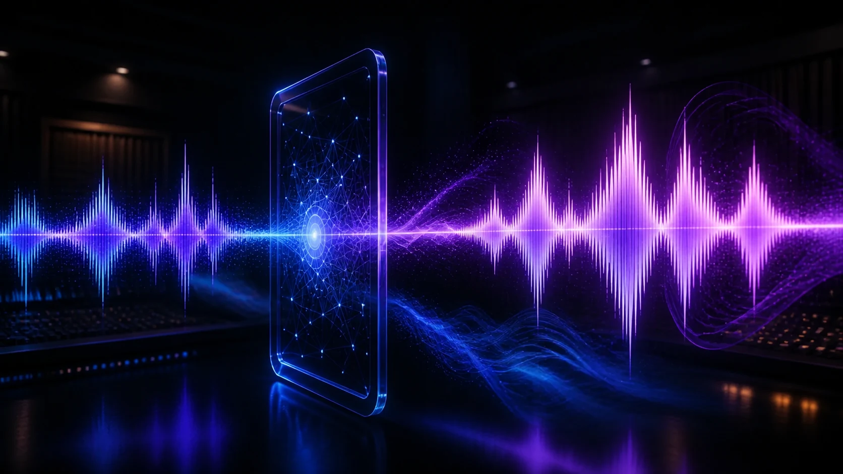 A mixed song waveform passing through an AI processor while the instrumental layers fade and a bright isolated vocal waveform emerges