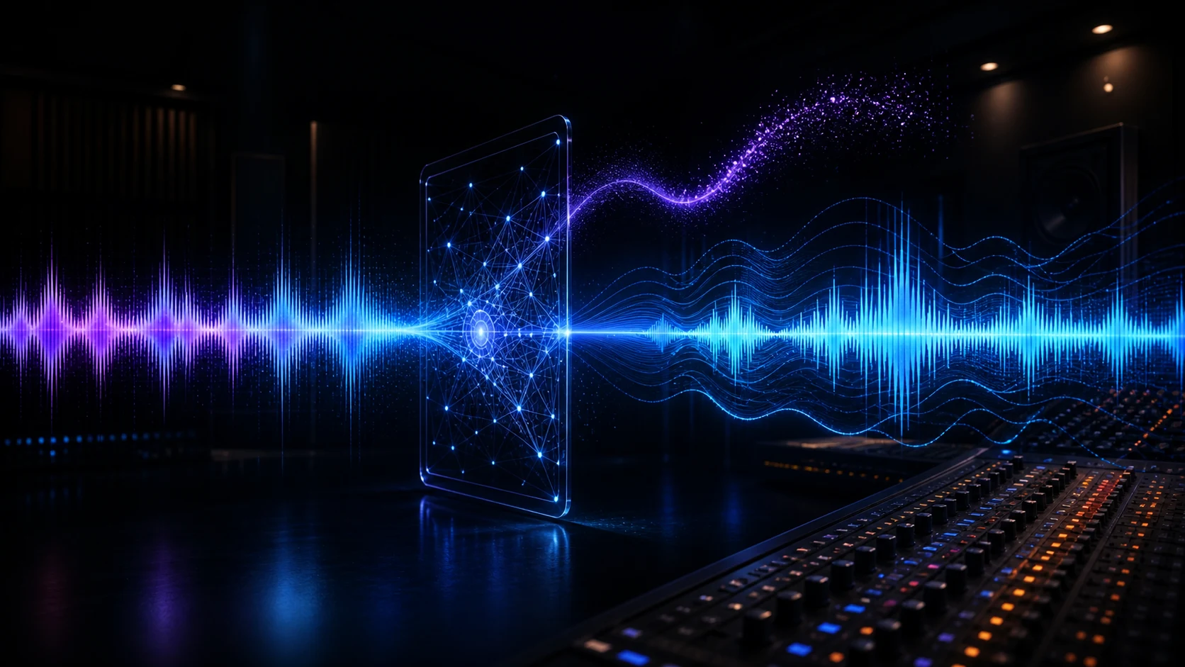 A song waveform passing through an AI processor while the vocal trace fades and a bright instrumental waveform continues into a mixing console