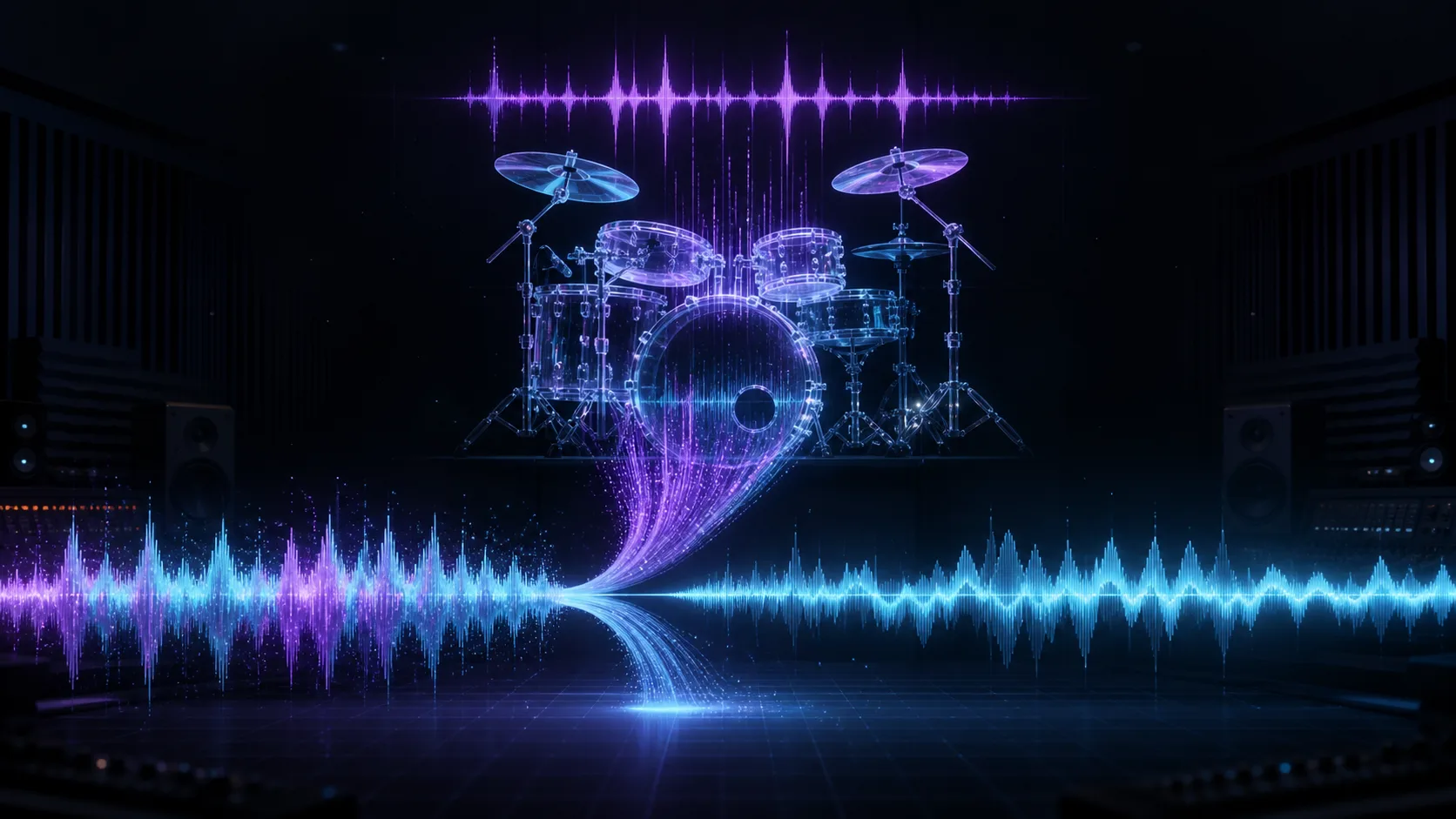 A drum kit dissolving into a separate waveform while the rest of a song continues as a drumless track