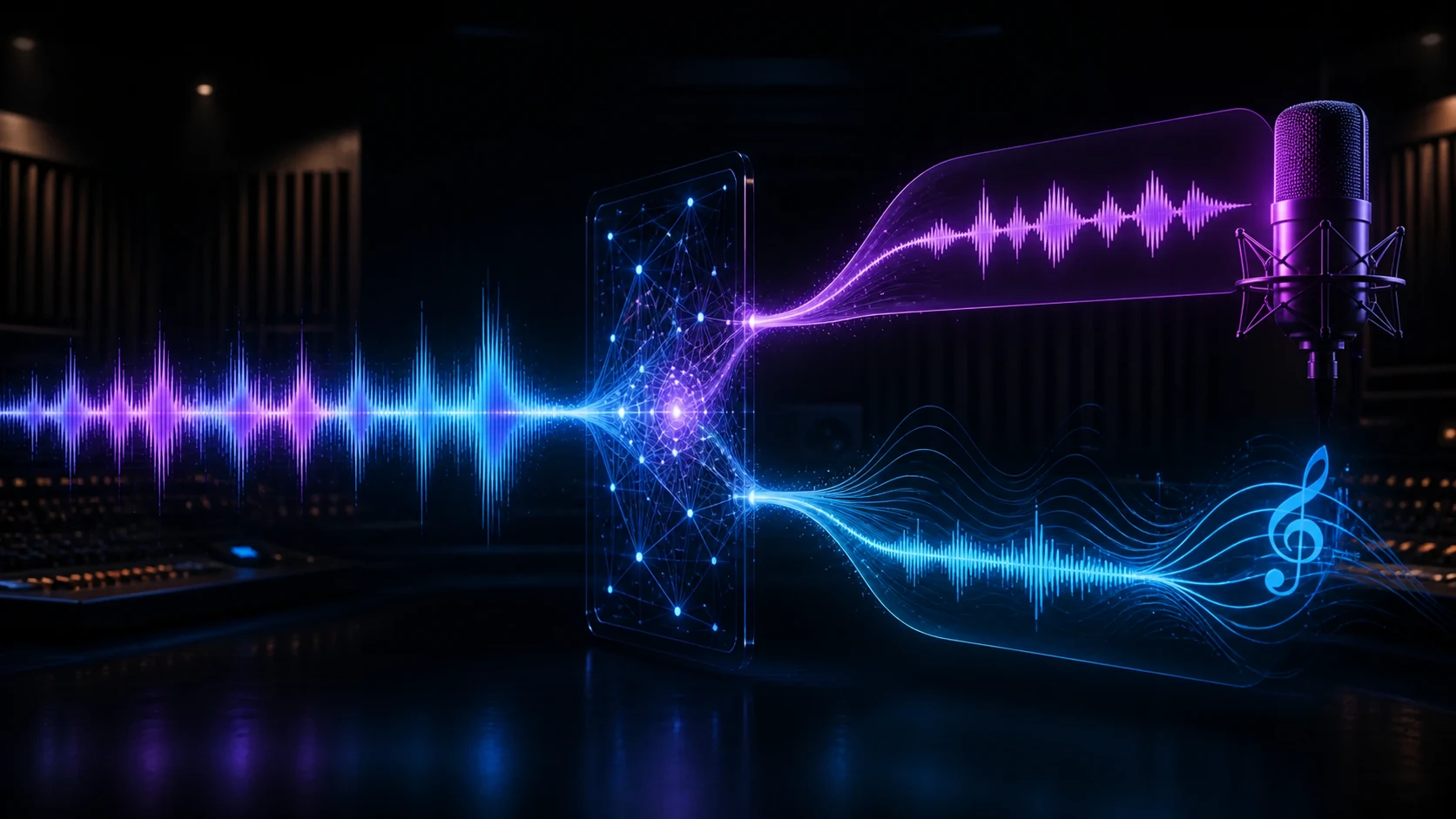 A mixed song waveform passing through an AI processor and separating into a vocal waveform and an instrumental waveform