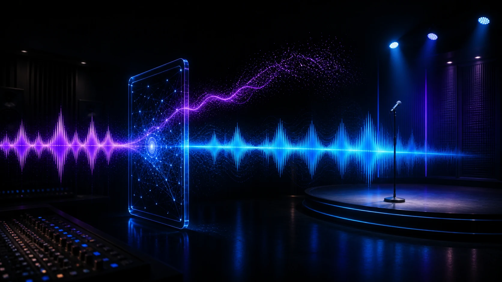 A song waveform passing through an AI vocal-removal processor and becoming a bright backing track leading to an empty singing stage