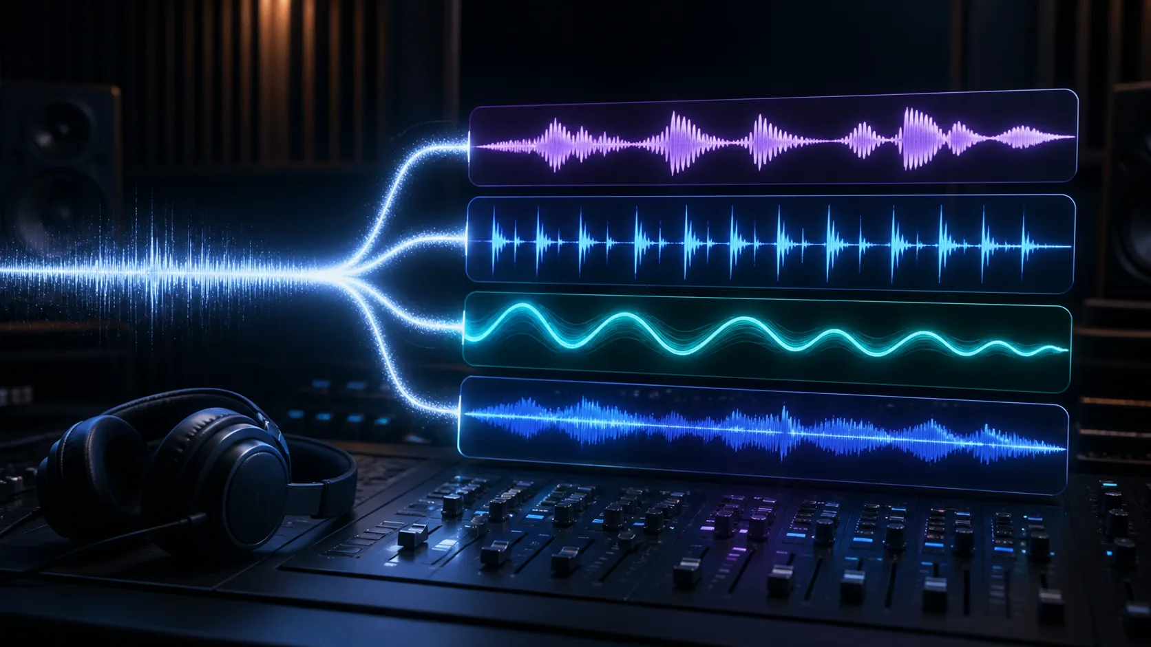 A song waveform separating into four audio stems above a professional music mixing console